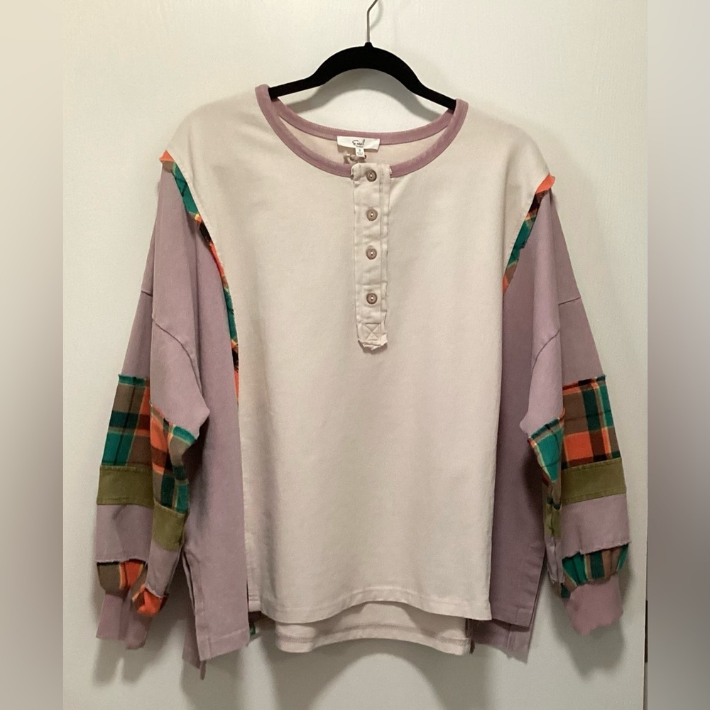 Easel Colorful Plaid Sleeve Oversized Henley Shirt